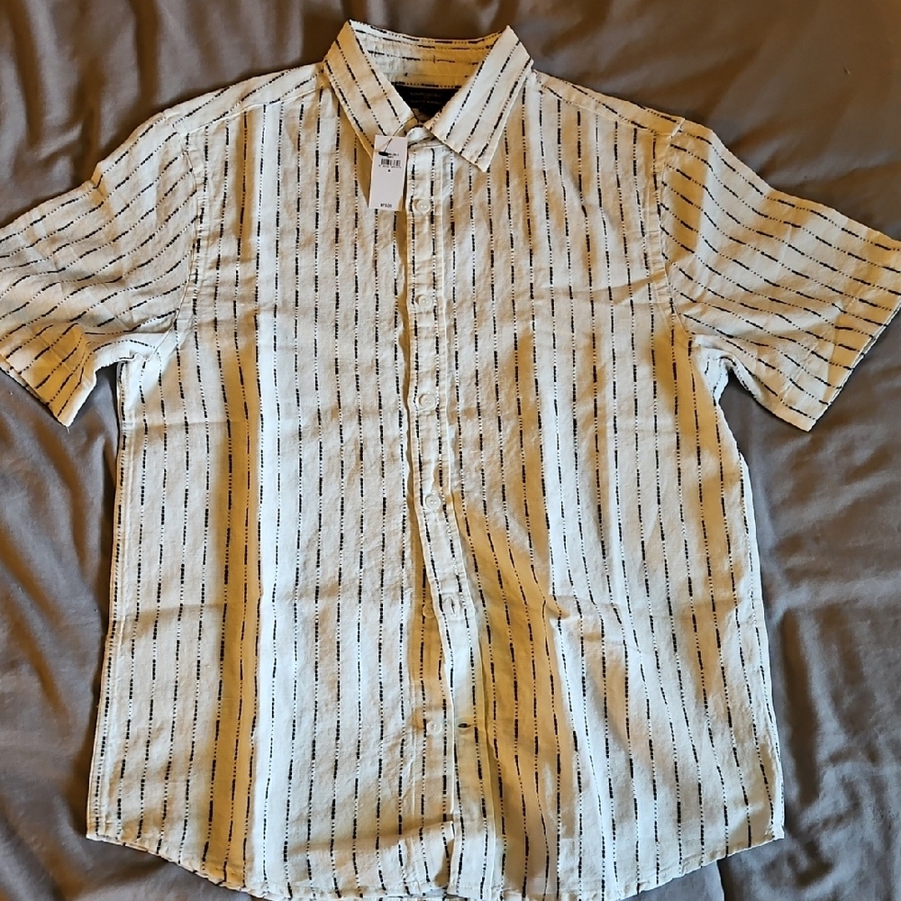 Banana Republic Slim Linen Blend White and Black Striped Casual Shirt